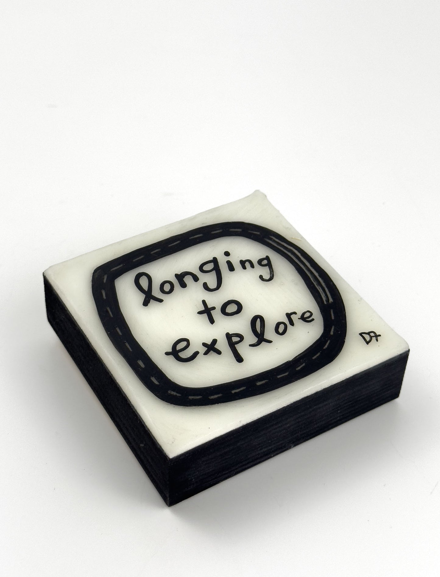 Small Original painting with 'longing to explore' text on a white background