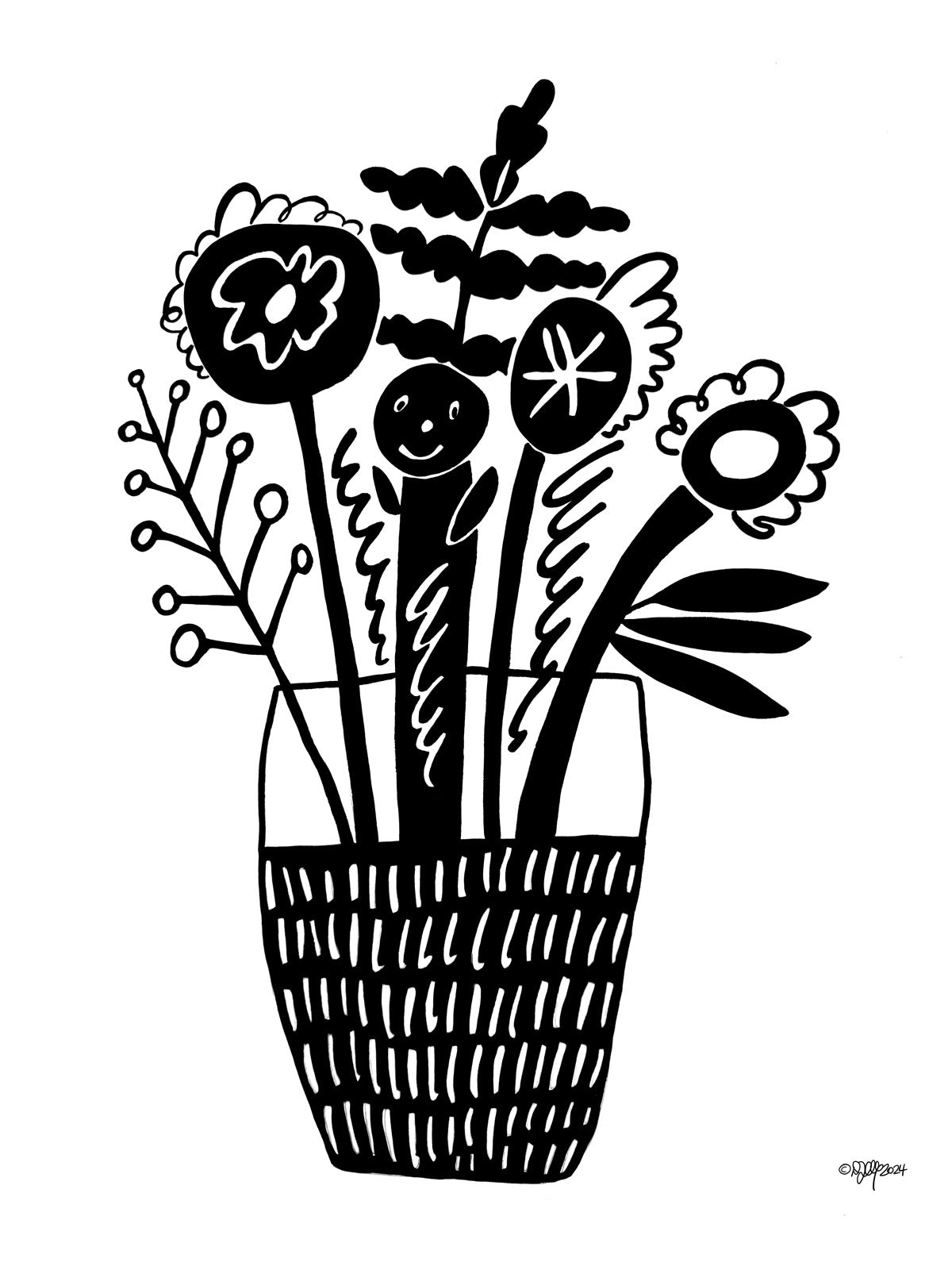 Black and white illustration of flowers, one has a smiley face, in a vase on a white background