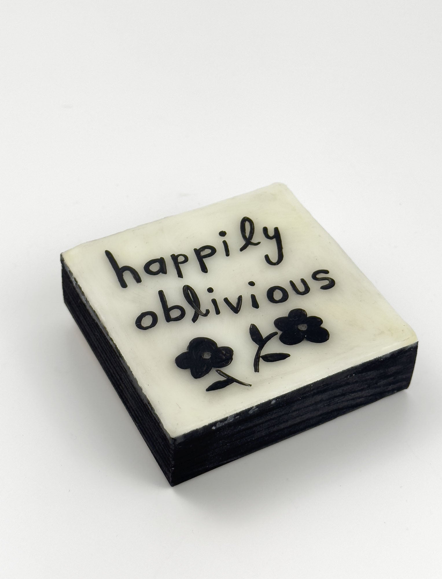 Original painting  with 'happily oblivious' text and floral design on a white background