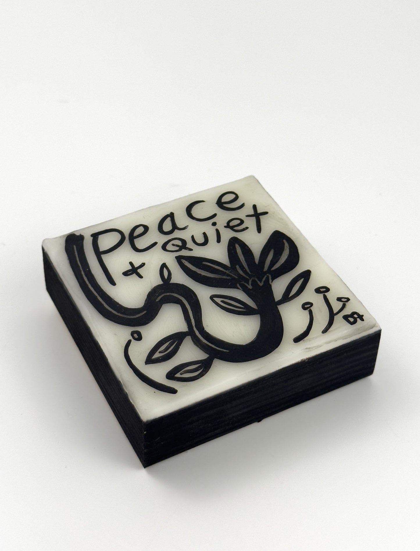 original painting with 'Peace + Quiet' text and tree design on a white background