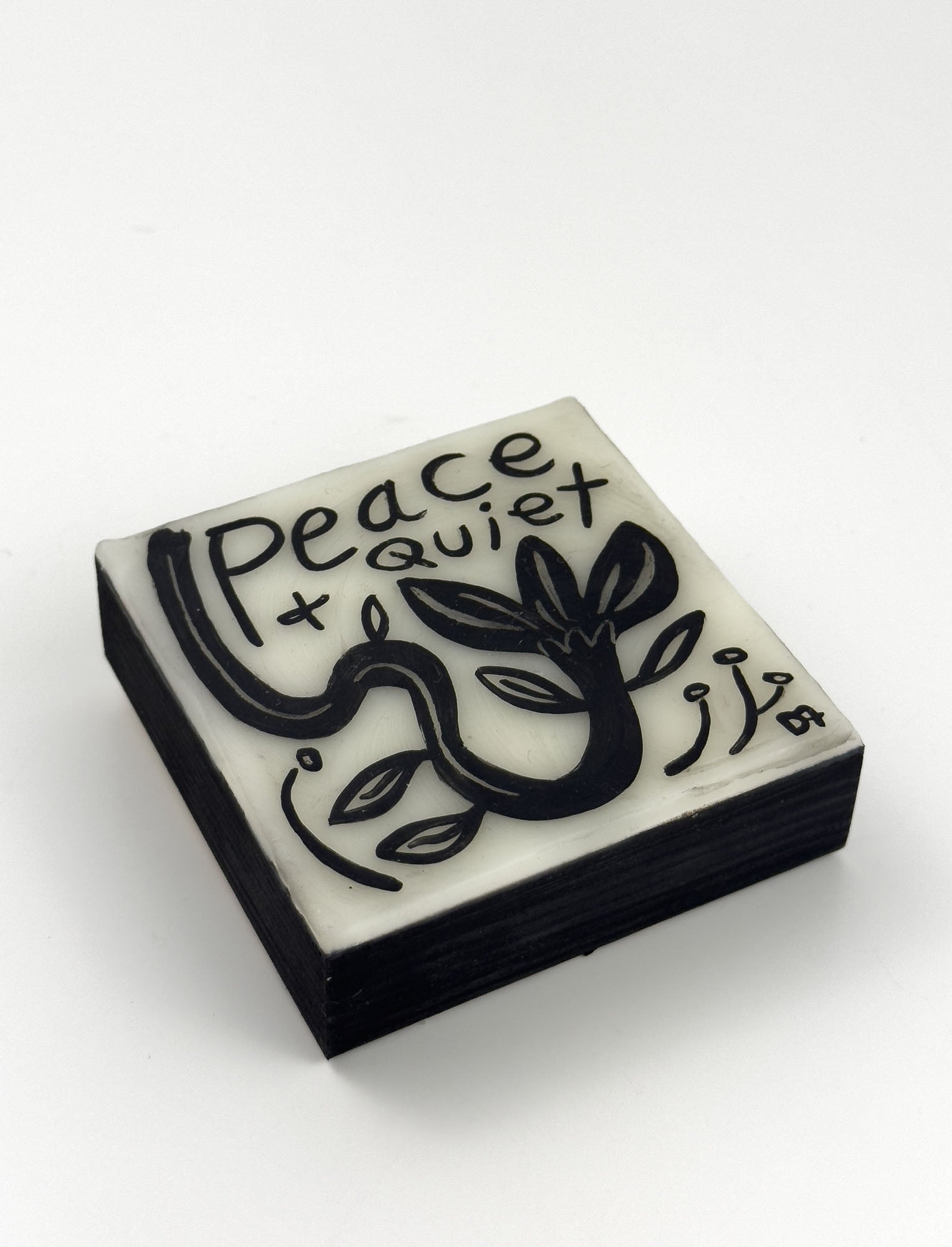 original painting with 'Peace + Quiet' text and tree design on a white background