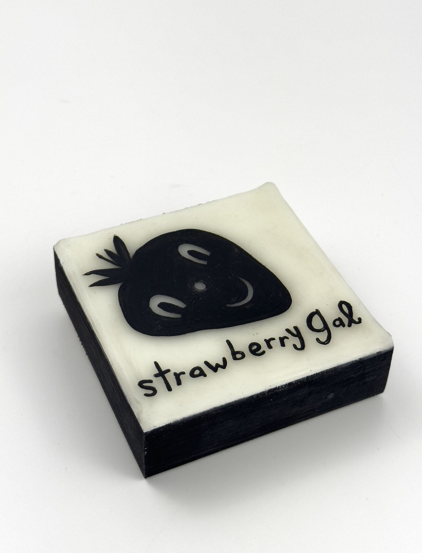 Square black and white Original painting  with a strawberry design and 'strawberry gal' text on a white background