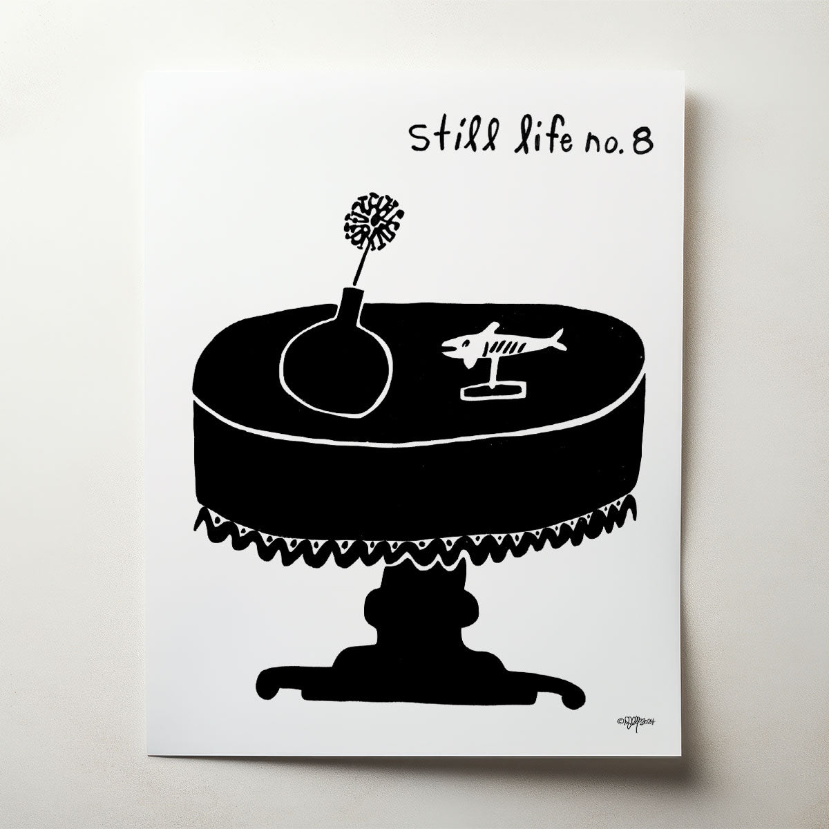 Black and white still life illustration on a white paper with text 'Still life no. 8'.