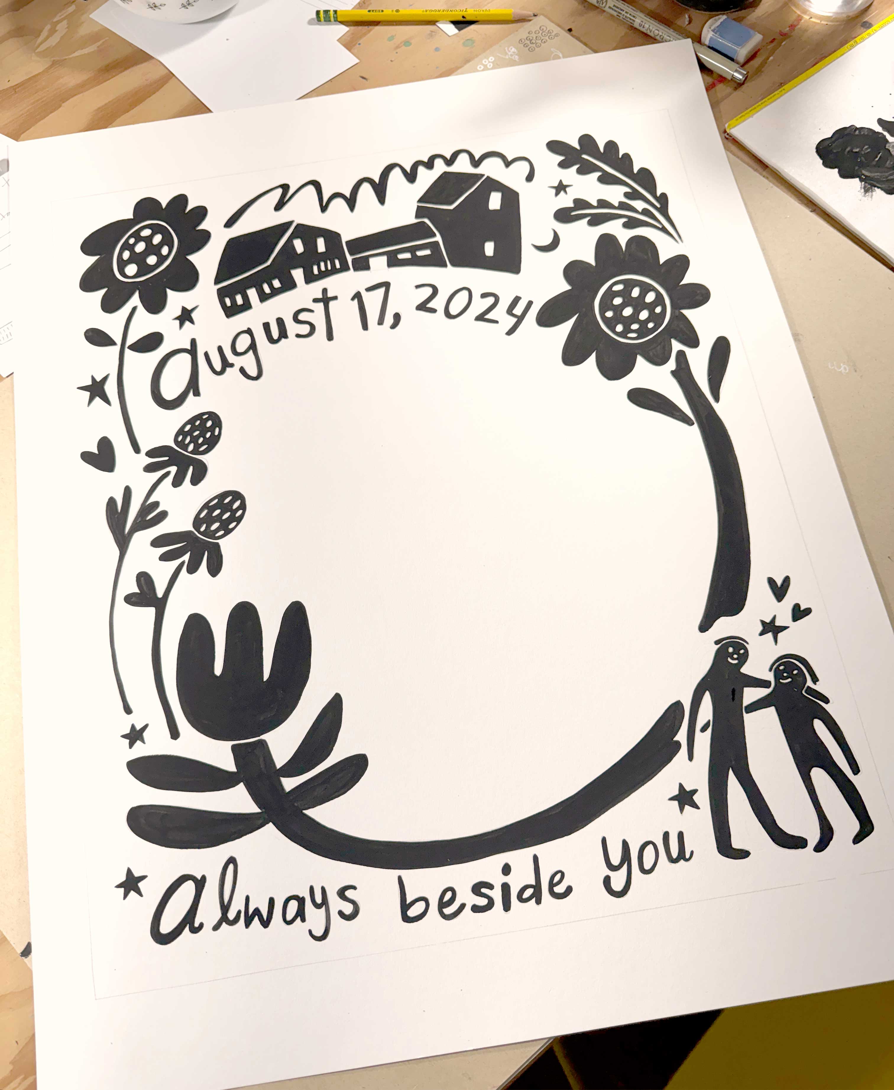Black silhouette artwork on white paper with 'Always beside you' text. Custom painted wedding keepsake.