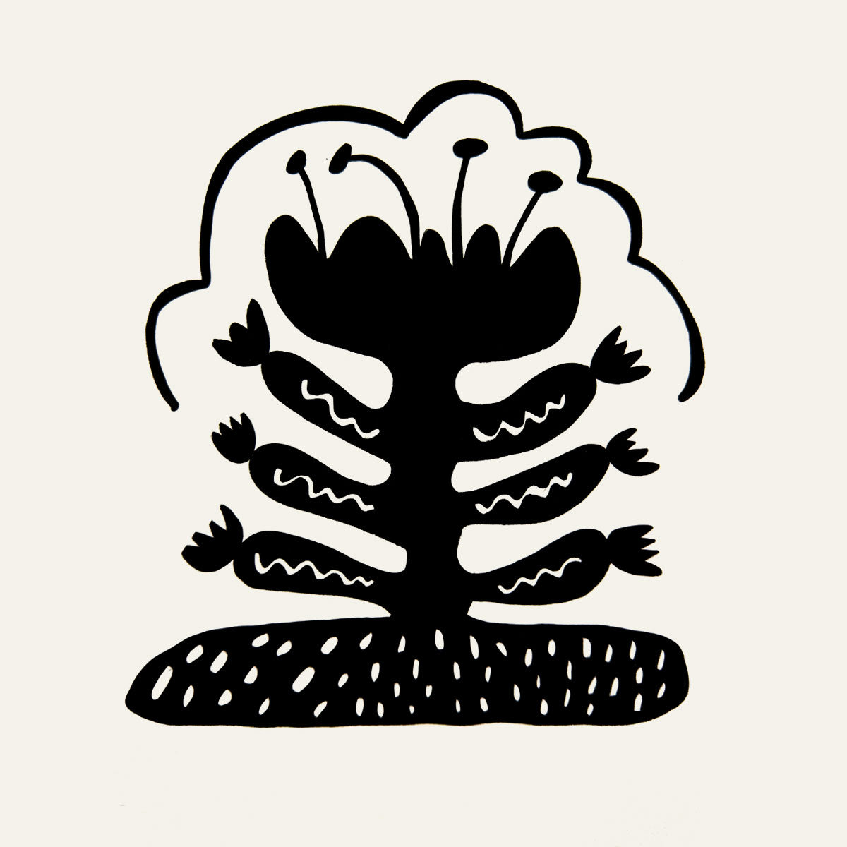 Black silhouette of a graphic flower design on a beige background