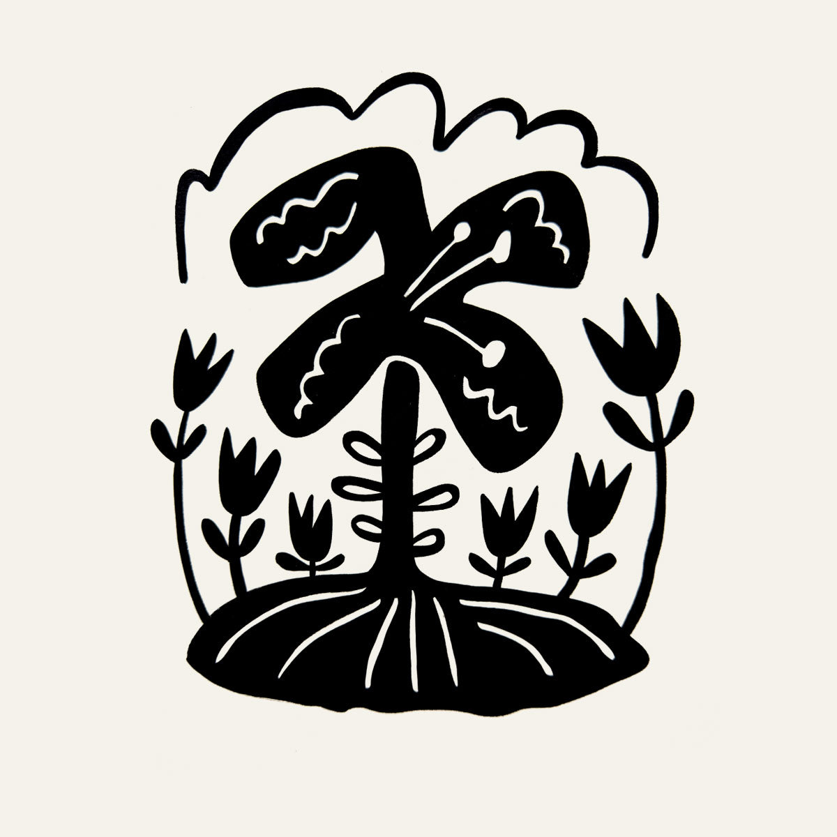 Black silhouette of a graphic flower design on a beige background