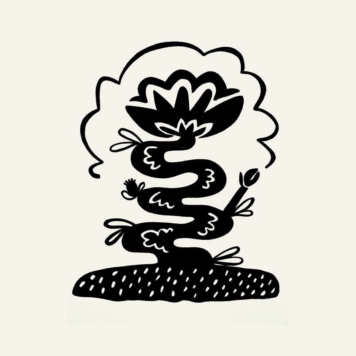 Black silhouette of a graphic flower design on a beige background