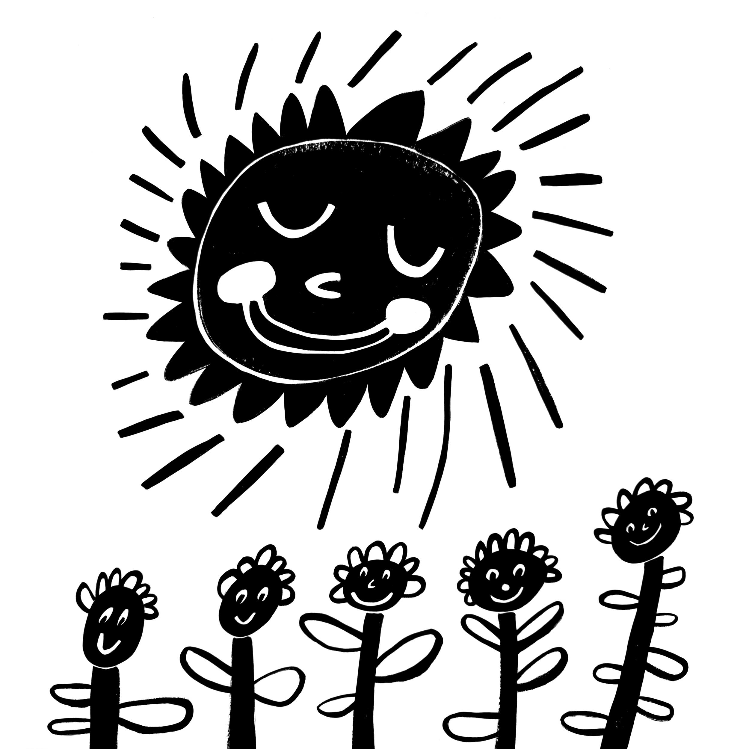 Black and white illustration of a sun with smiling faces and sunbeams, surrounded by similar smiling faces on stems.