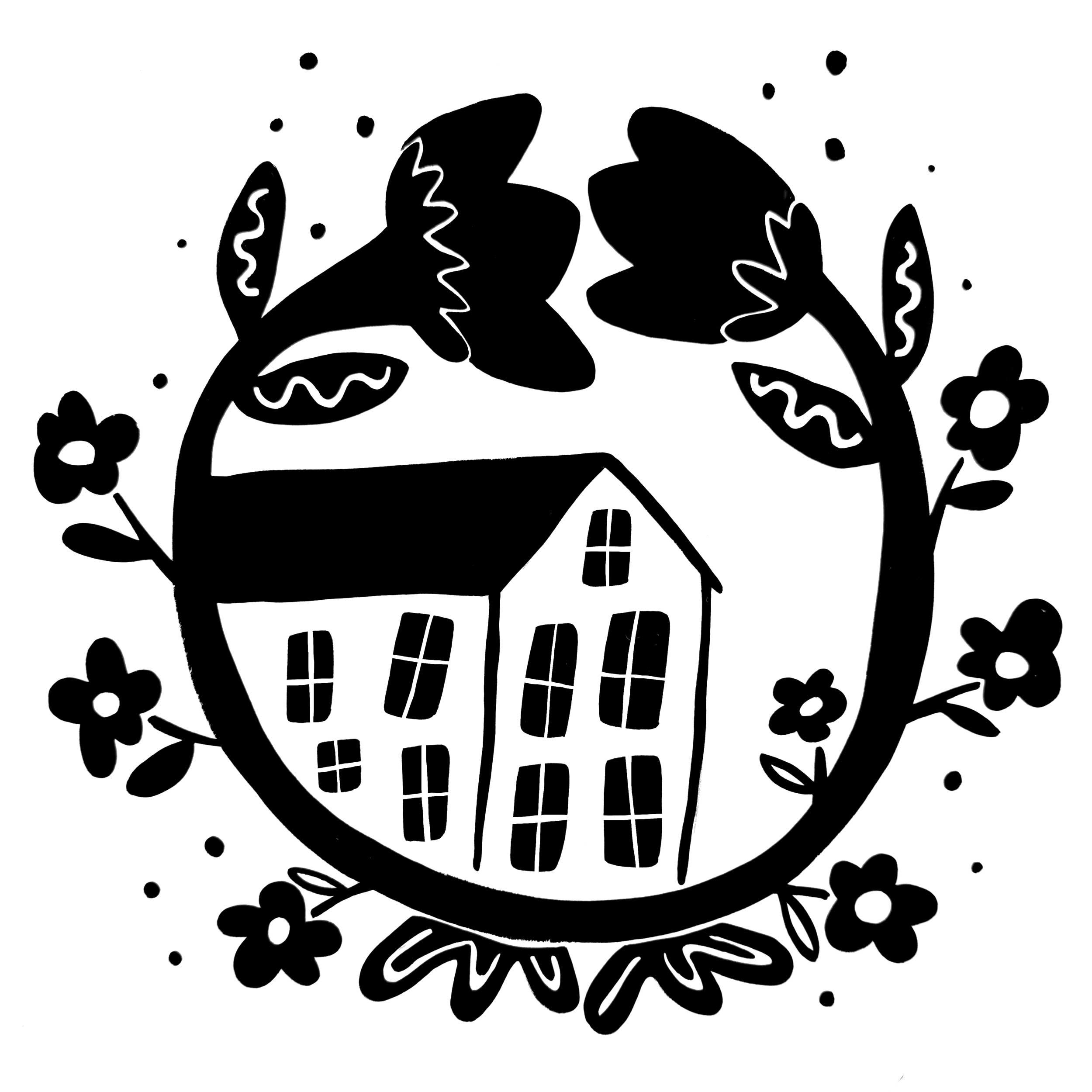 Black and white illustration of a house surrounded by floral elements on a white background