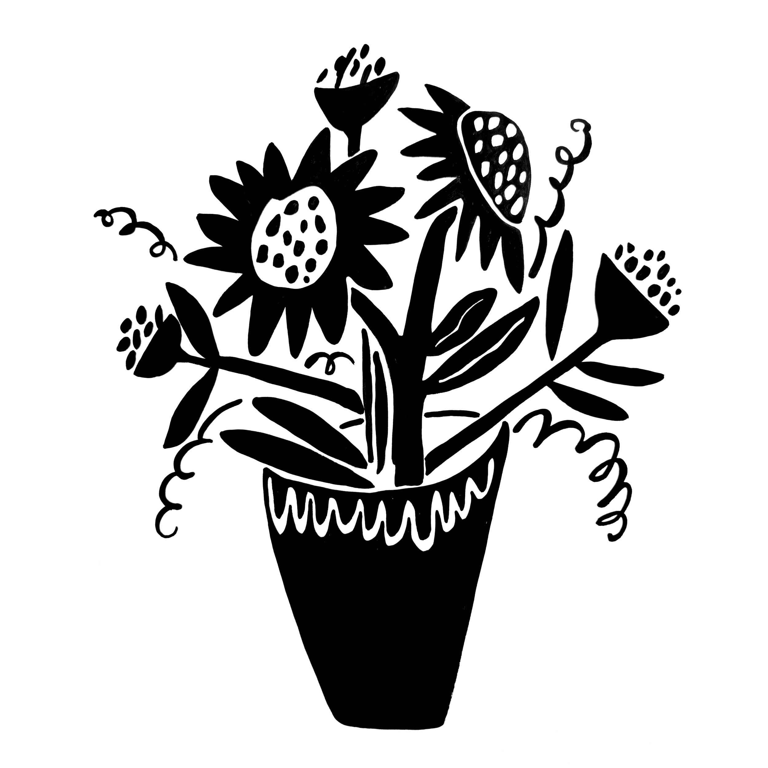 Black and white illustration of a potted plant with flowers on a white background