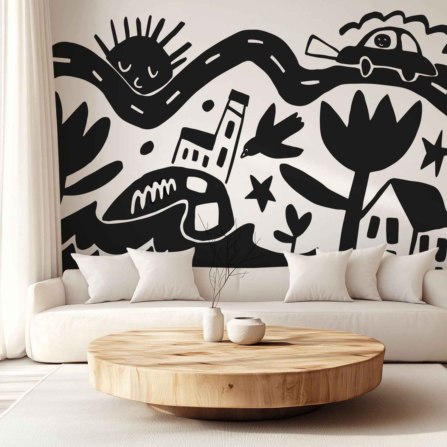Living room with a white sofa, wooden coffee table, with large black and white mural.