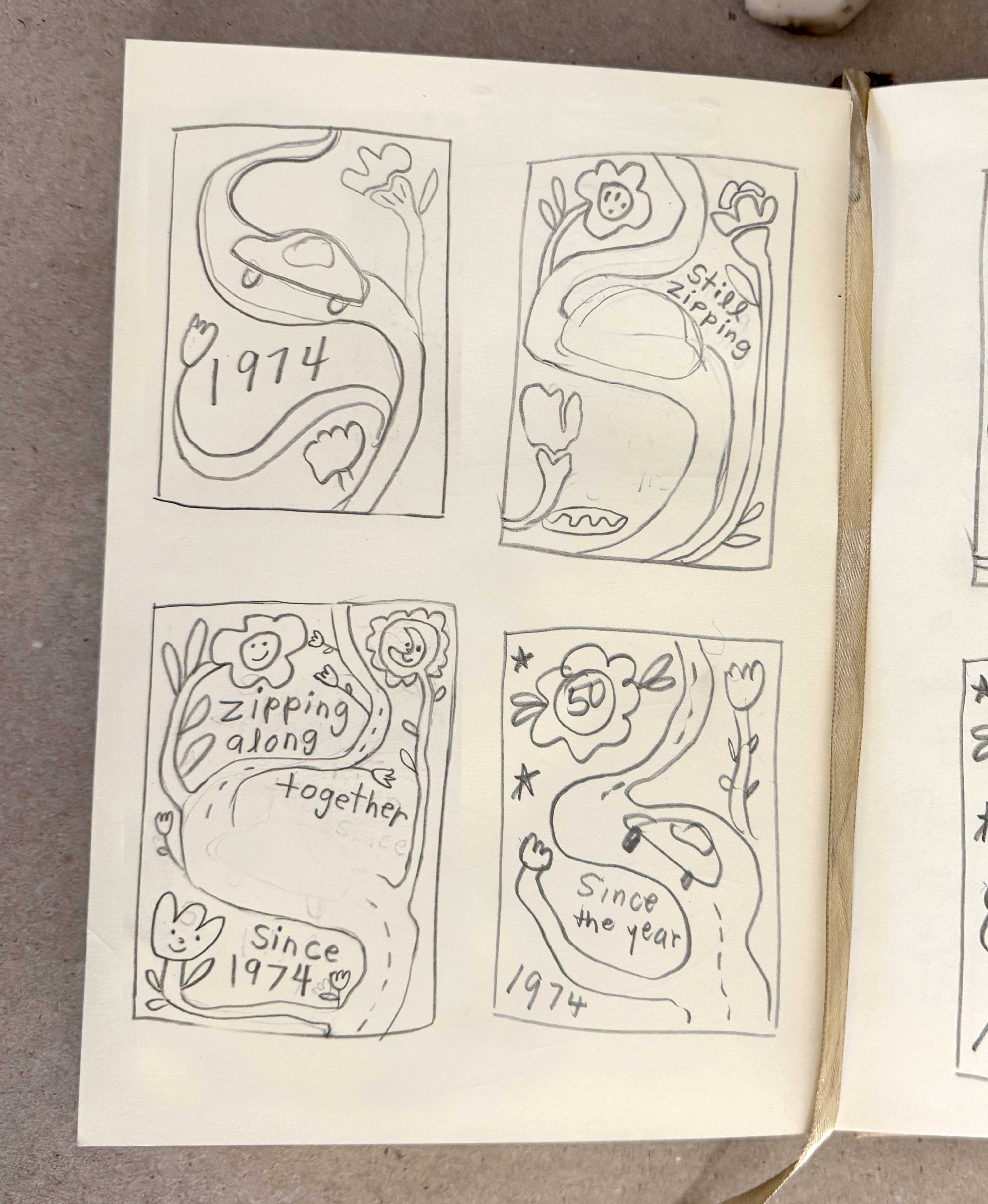 Hand-drawn designs sketchbook featuring ideas for a custom designed anniversary present.